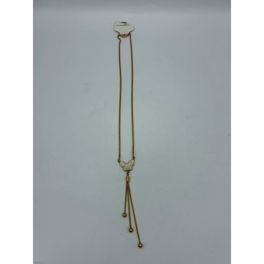 Gold Tone Stainless Steel Butterfly Slider Necklace Cubic Zirconia Beaded Ends